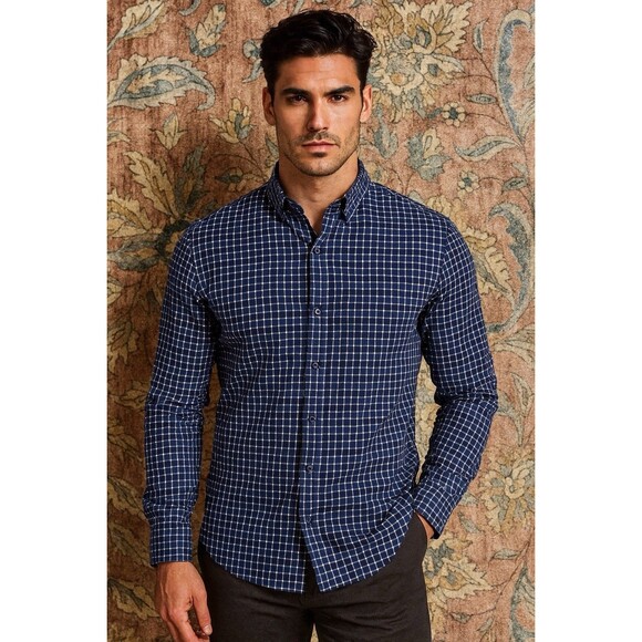 Johnnie O Shirt Mens Medium Blue Gingham Plaid Check Button Up Preppy - Picture 1 of 7